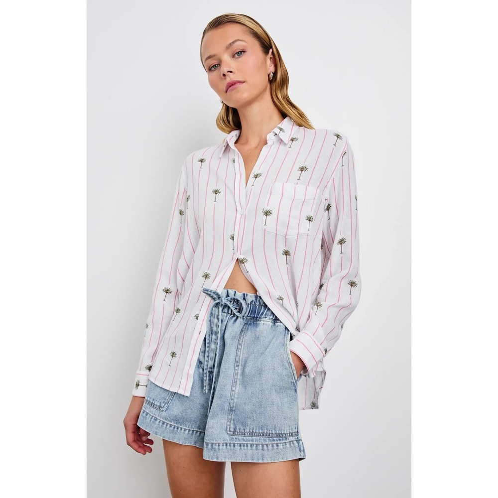 Rails Charli Stripe Palm Tree Linen EcoVero Button Shirt  Beach Vacation